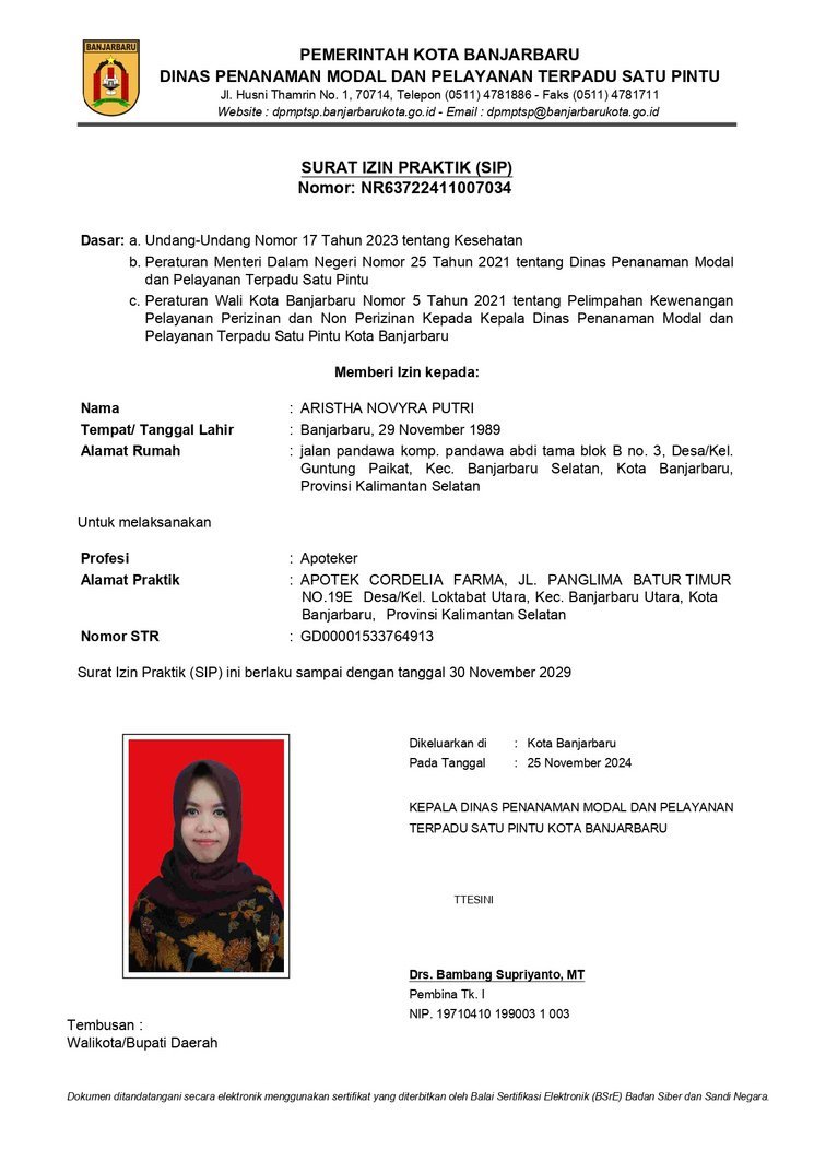 Surat Izin Praktik Apoteker (SIPA) — Apotek Cordelia Farma Panglima Batur