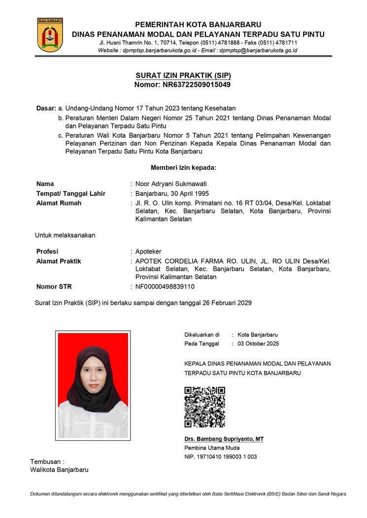 Surat Izin Praktik Apoteker (SIPA) — Apotek Cordelia Farma RO Ulin