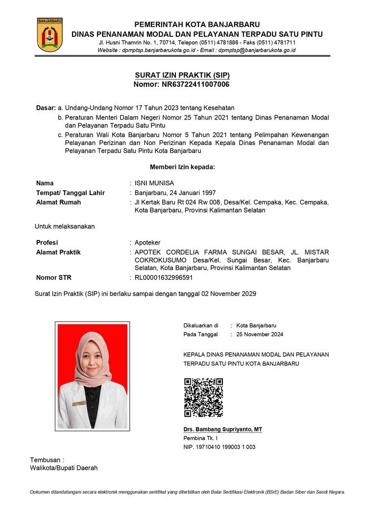 Surat Izin Praktik Apoteker (SIPA) — Apotek Cordelia Farma Sungai Besar
